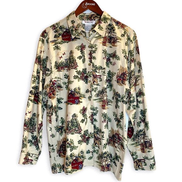 Talbots Tops - TALBOTS Vintage Dog & Farm Print Long Sleeve Button Down Shirt, Large